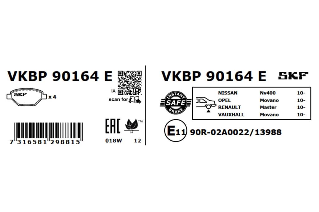 Jeu de 4 plaquettes de frein SKF ref. VKBP 90164 E
